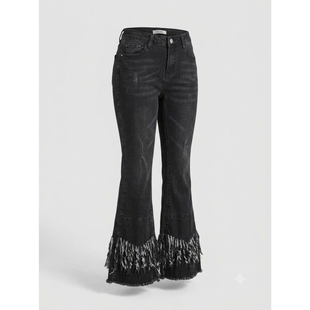 Luxe Moda Women 6 Black Distressed Frayed Hem Flare Jeans Cotton Blend Boho Y2K